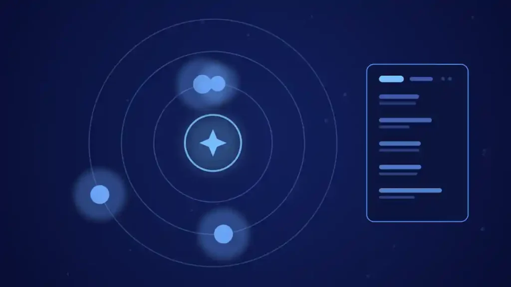 Ilustración de portada del artículo sobre marketing de afiliación: un núcleo con órbitas y satélites en tonos azules.