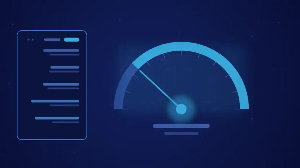 Ilustración de portada del artículo sobre velocidad de carga web: un indicador de aguja en tonos azules y turquesa.