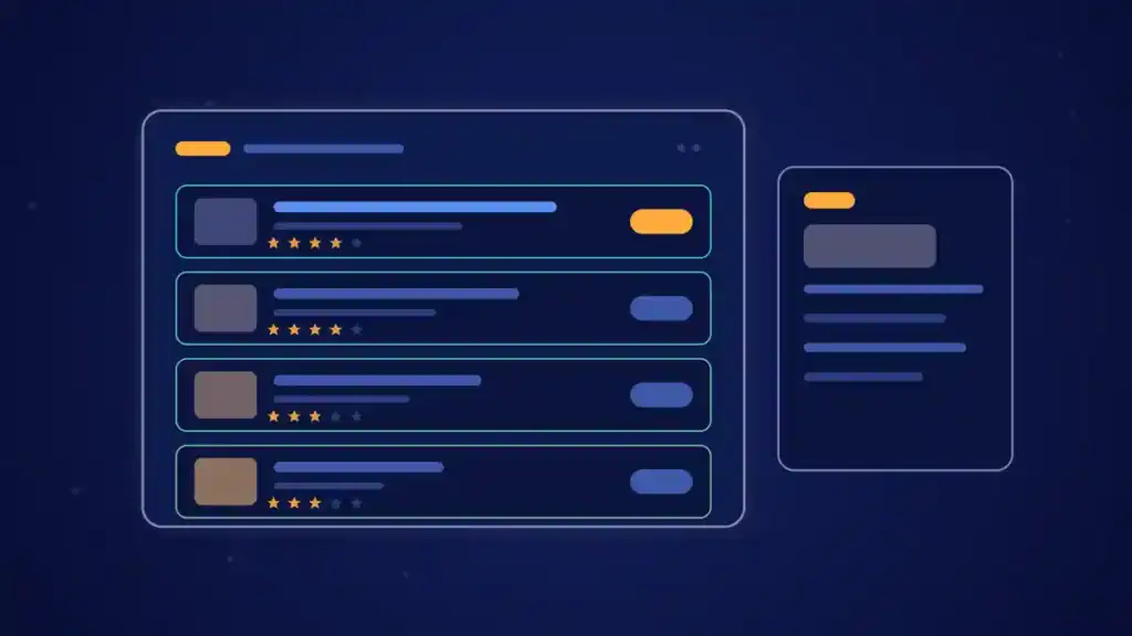 Ilustración de portada del artículo sobre optimización de listados en Amazon: un listado de productos con valoraciones en tonos azules y ámbar.