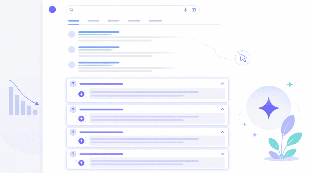Bloque People Also Ask de Google con las respuestas generadas por IA y los enlaces azules clásicos difuminados