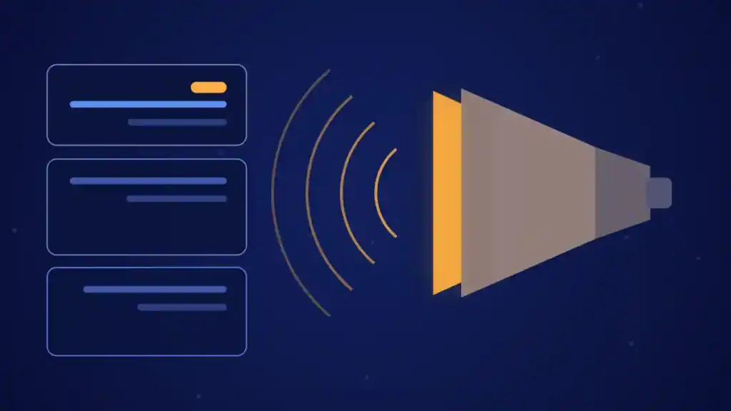 Ilustración de portada del artículo sobre la eficacia de la publicidad: un megáfono difundiendo mensajes en tonos azules y naranja.