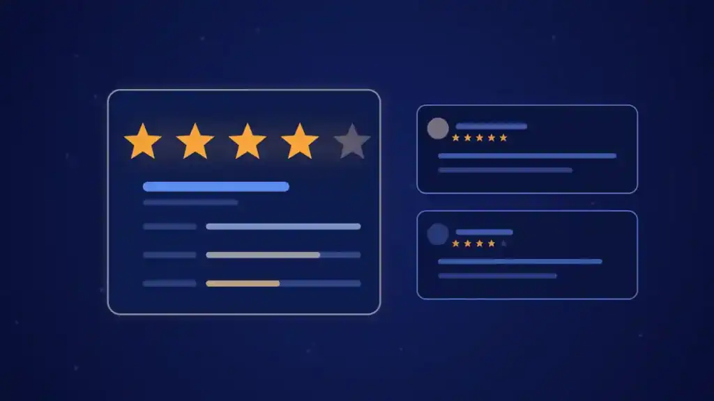 Ilustración de portada del artículo sobre listings de Amazon: valoraciones con estrellas y reseñas en tonos azules y ámbar.