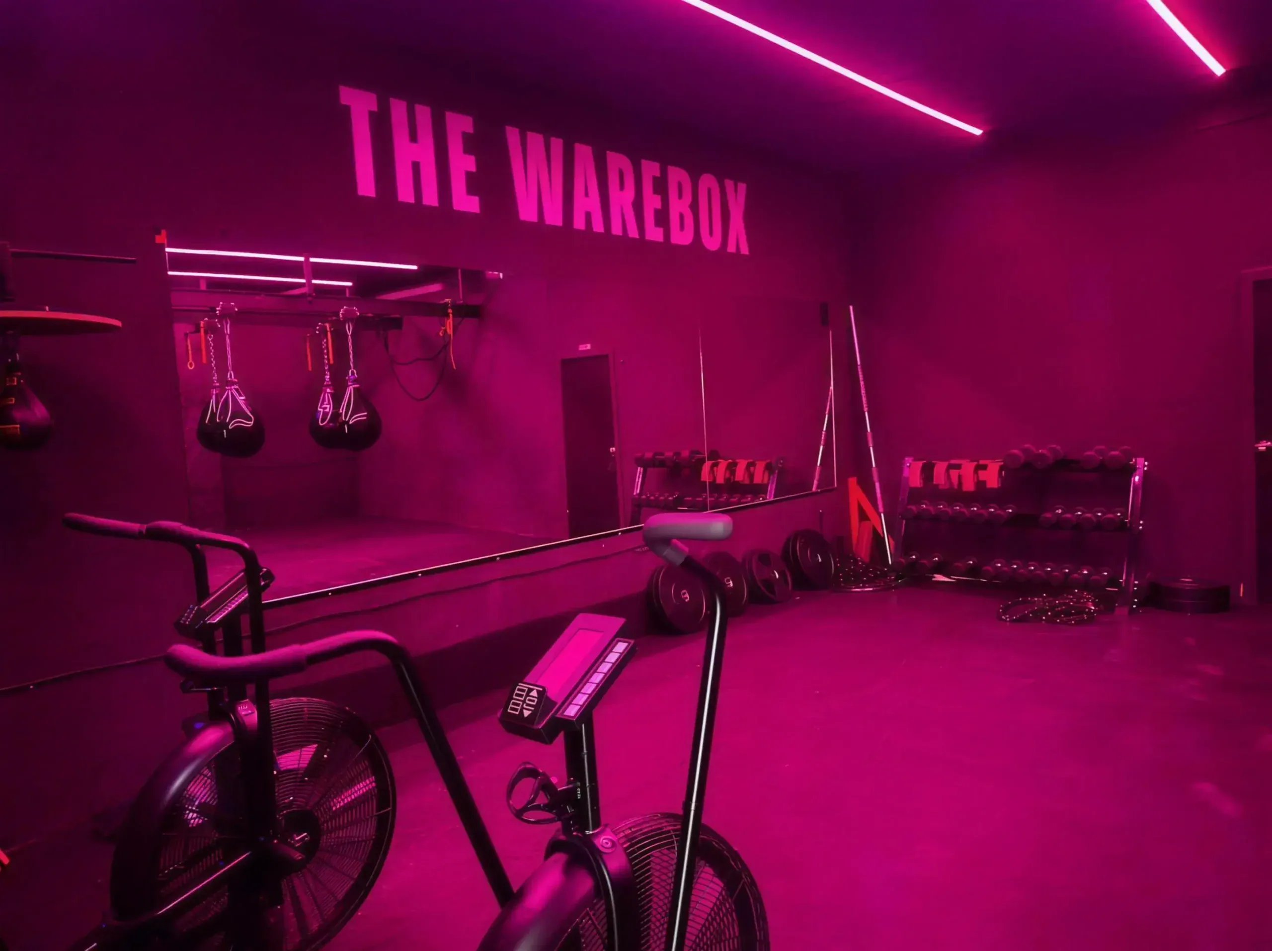 Sala de The WareBox con el rótulo de la marca en neón, sacos de boxeo, bicicleta de aire y mancuernas