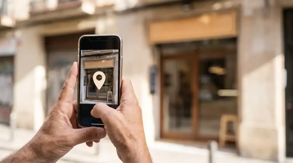 Propietario fotografiando el escaparate de su negocio con el móvil para la verificación del perfil de empresa en Google