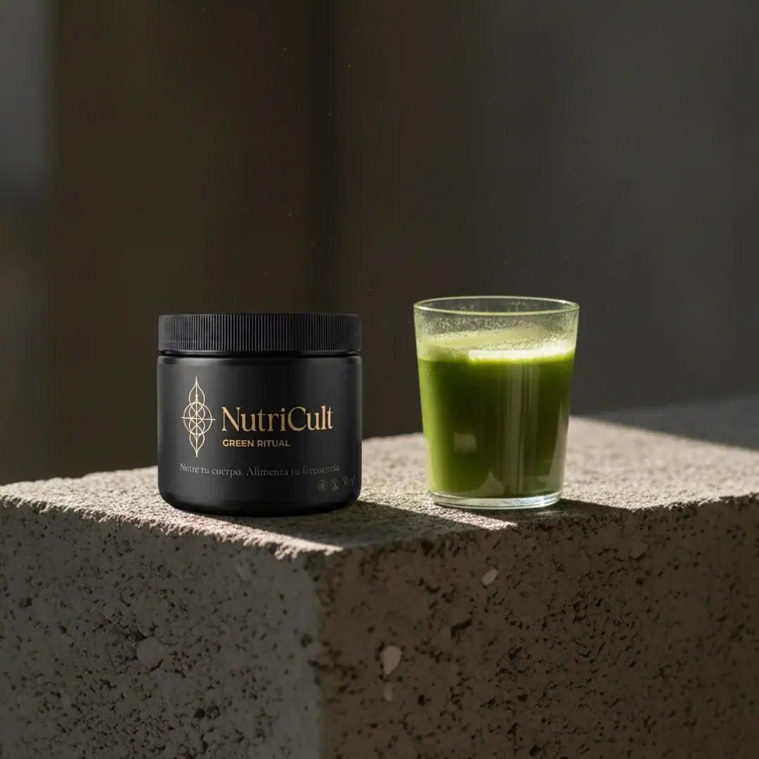 Bote de NutriCult Green Ritual junto a un vaso de batido verde sobre un bloque de hormigón