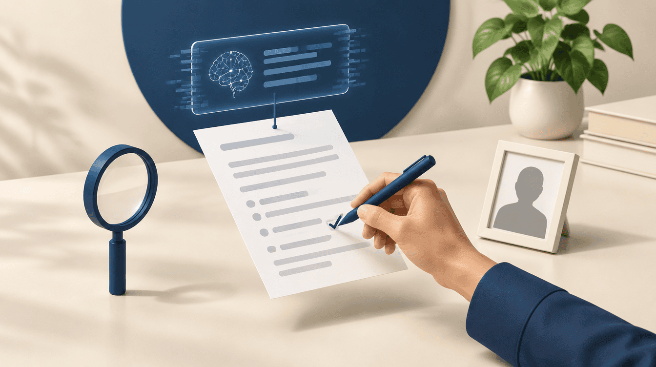 Revisión humana de contenido generado por IA: una mano marca con un bolígrafo un documento junto a un panel de texto generado por inteligencia artificial y un marco con un autor anónimo