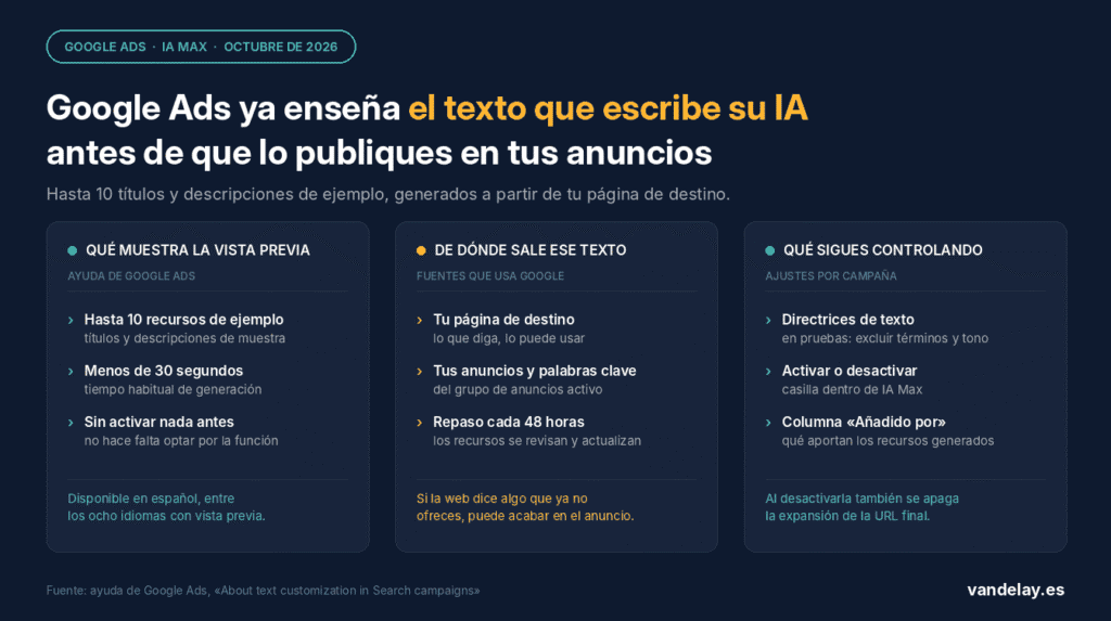 Personalización de texto en Google Ads: la vista previa muestra hasta 10 títulos y descripciones de ejemplo generados a partir de tu página de destino, en menos de 30 segundos y sin activar la función, con las fuentes que usa Google y los ajustes que controlas en IA Max