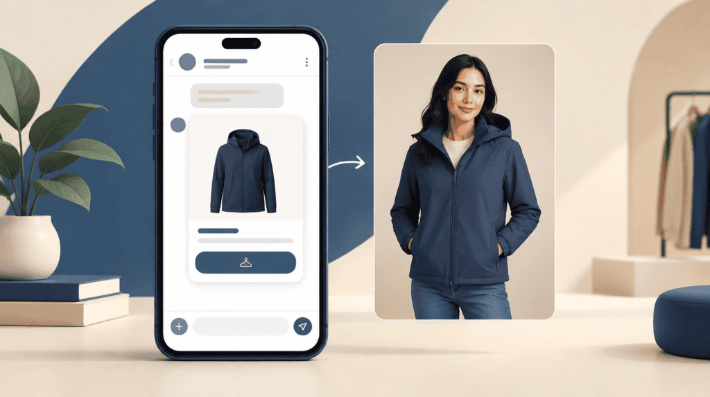Ficha de una prenda en el chat de ChatGPT con el botón de prueba virtual y la imagen generada de la persona con la chaqueta puesta