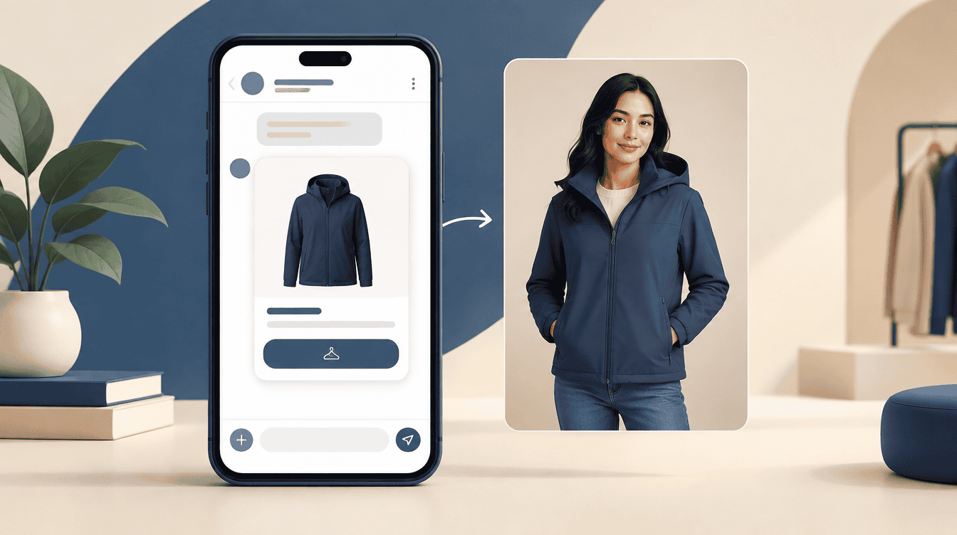 Ficha de una prenda en el chat de ChatGPT con el botón de prueba virtual y la imagen generada de la persona con la chaqueta puesta