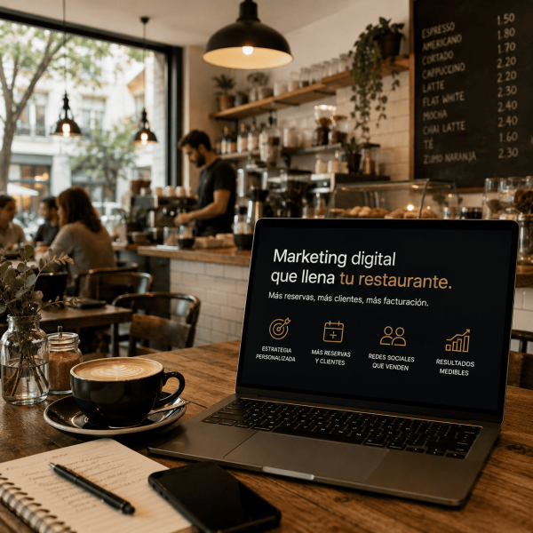 Portátil sobre la mesa de una cafetería mostrando una web de marketing digital para restaurantes