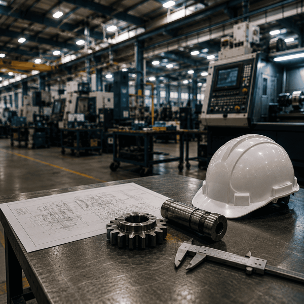 Plano de ingeniería, engranaje, pieza mecanizada, calibre y casco de obra sobre una mesa de taller en una nave industrial